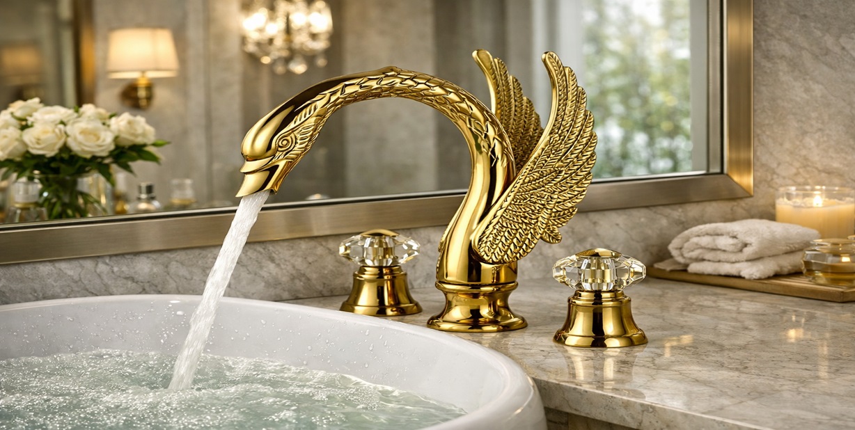Milano gold swan shaped dual handle widespread bathroom sink faucet
